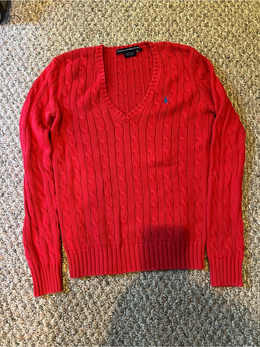 Ralph Lauren Women's Red Cable-Knit V-Neck Sweater with Polo Logo